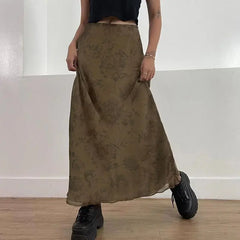 BXOXO Vintage Long Skirt Women Floral Print Low Rise Ladies Midi Skirts Y2K High Street Retro Aesthetic Casual Mesh Skirts