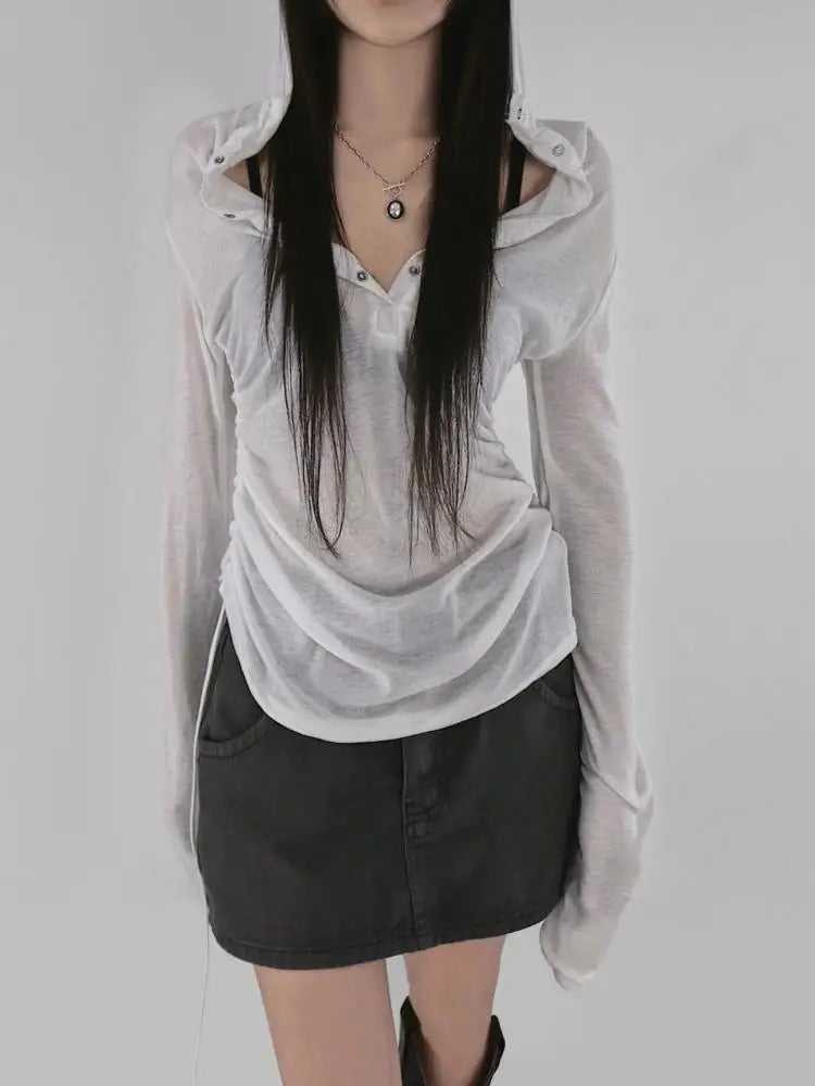 BXOXO Hooded Sheer T Shirt Woman Clothes Long Sleeve Korean Fashion 2000s Clothes Y2k See Through Autumn Tops Tees Female