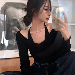 BXOXO Womens Korean version Long Sleeve Sweater Off Shoulder Sexy Knitted Pullover Jumper Sweaters Knit Sweater Casual Loose Blouse