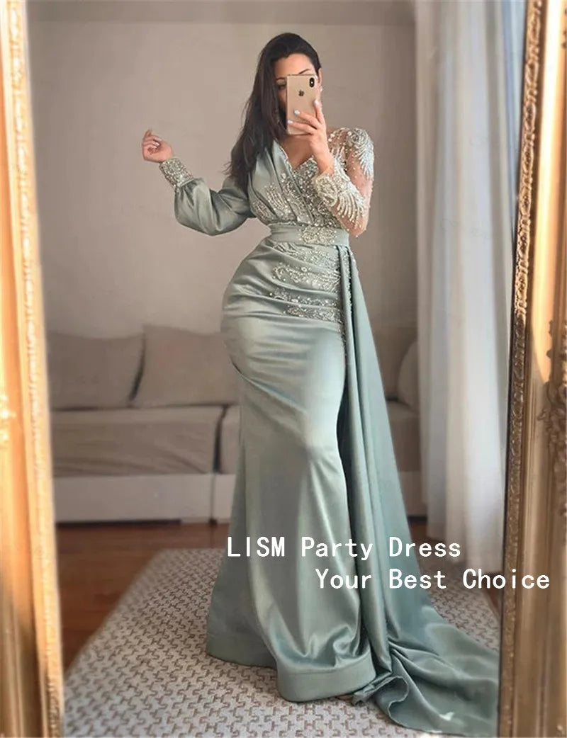 BXOXO Muslim Green Mermaid Evening Dress V-Neck Lace Beaded Long Sleeves Satin Prom Gowns Elegant Women's Dresses for Party