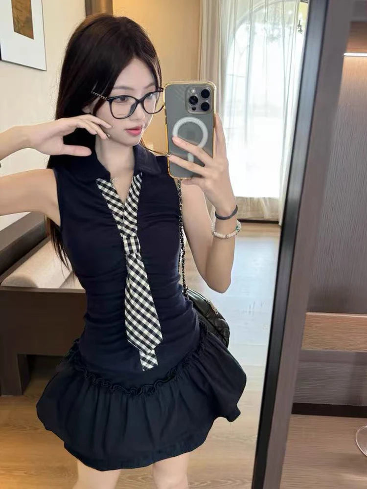 Bxoxo Plaid Tie Hot Girl Skirt Suit Summer New V Neck Patchwork Sleeveless 2 Piece Set Female High Waist Sweet Preppy A Line Skirts