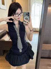 Bxoxo Plaid Tie Hot Girl Skirt Suit Summer New V Neck Patchwork Sleeveless 2 Piece Set Female High Waist Sweet Preppy A Line Skirts