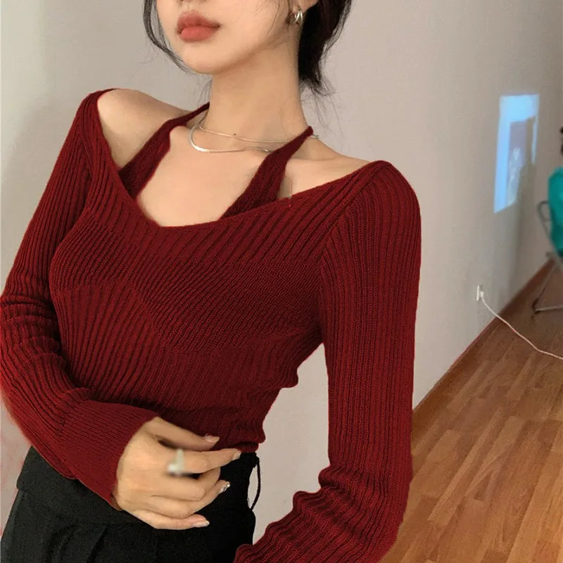 BXOXO Womens Korean version Long Sleeve Sweater Off Shoulder Sexy Knitted Pullover Jumper Sweaters Knit Sweater Casual Loose Blouse