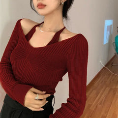 BXOXO Womens Korean version Long Sleeve Sweater Off Shoulder Sexy Knitted Pullover Jumper Sweaters Knit Sweater Casual Loose Blouse