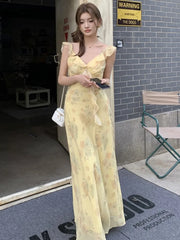 Bxoxo French Women's Elegant Floral Printed Dress V-Neck Slim Fit Flying Sleeve Long Dresses Vacation Holiday Sexy Travel New Vestidos