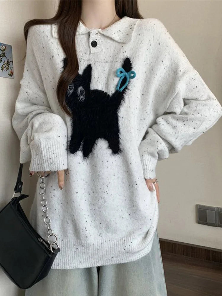 Bxoxo Cute Cartoon Bow Sweaters Women Loose Vintage Long Sleeve Kawaii Knitted Jumper Japan Casual Preppy Style Retro Pullovers