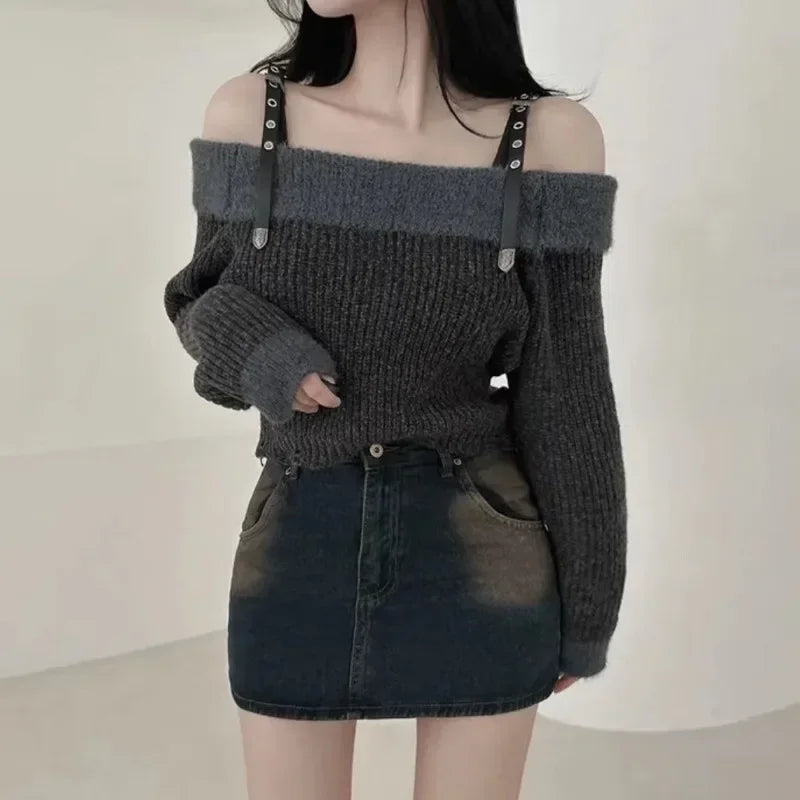 Bxoxo Strapless Sweaters Jumper Y2k Clothes Sexy Off Shoulder Vintage Red Pullover Tops Knitwear Autumn Loose Sueter Mujer 2025