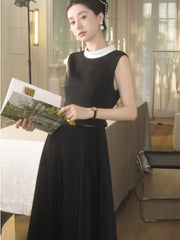 Bxoxo Women's Vintage Elegant French Prom Long Dresses Chic O-Neck A-Line Sleeveless Black White Patchwork Dress Party Evening Vestido