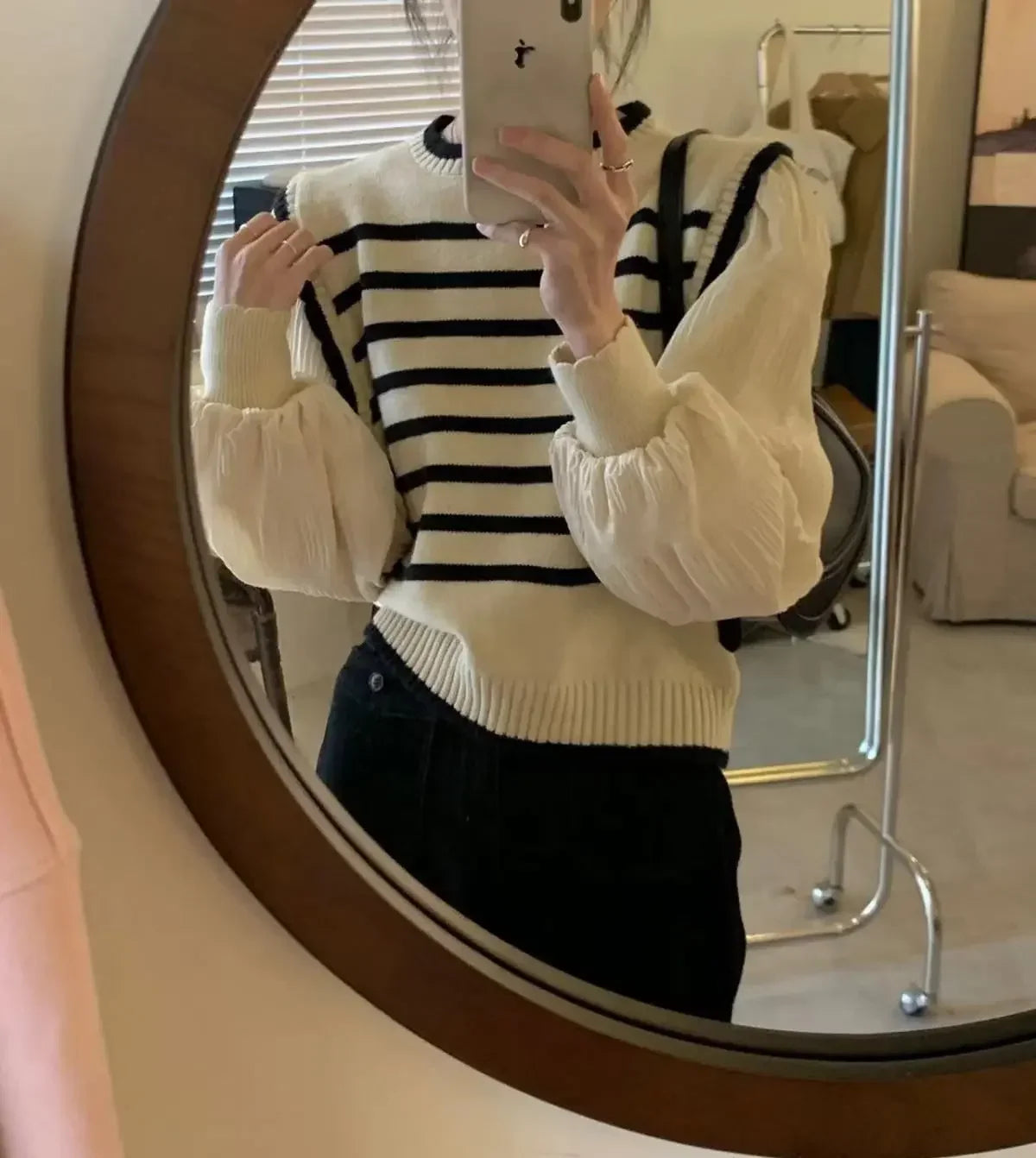 Bxoxo women Black and white striped fake two-piece knitted sweaters pring and autumn Korean soft glutinous pullover sweater female