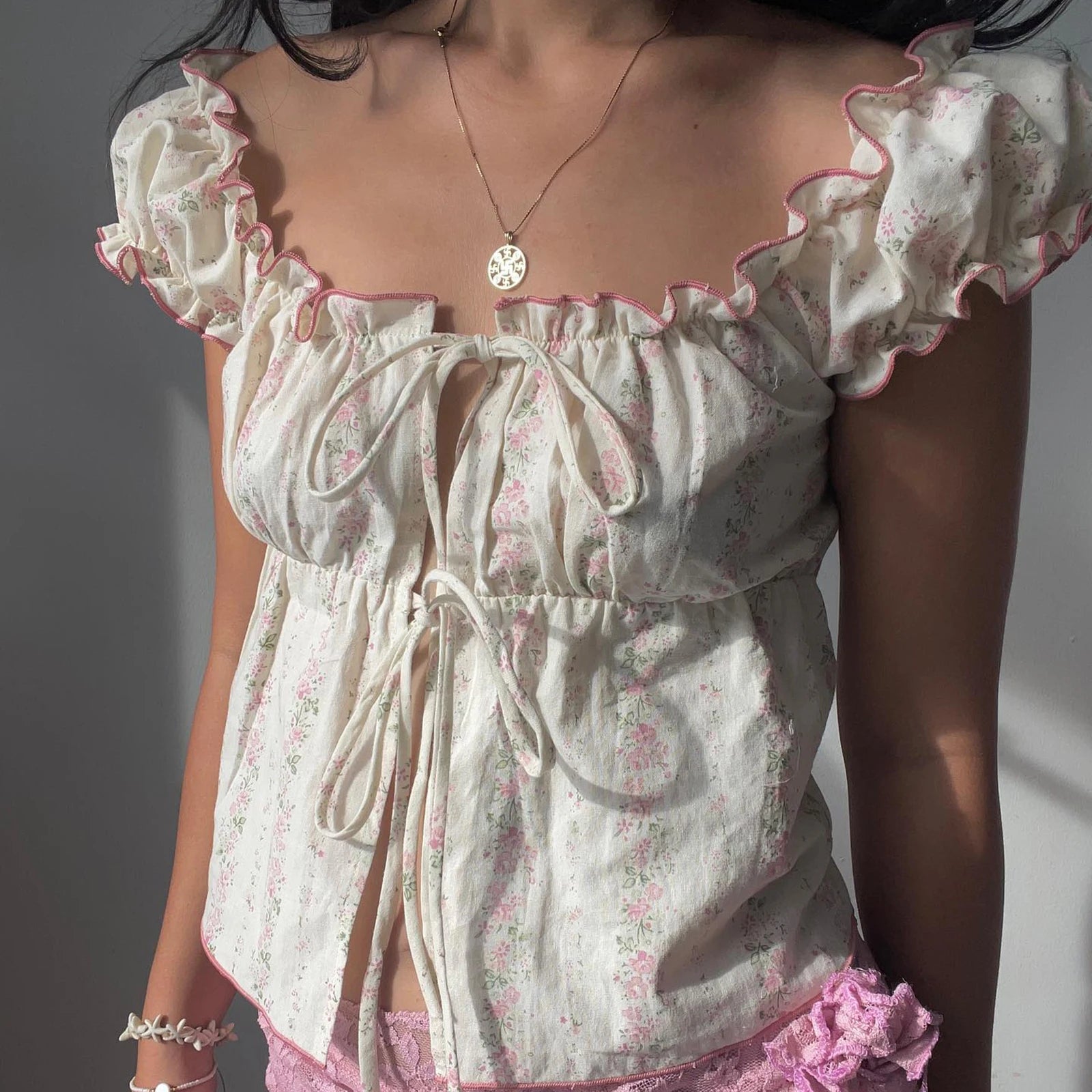 BXOXO Women Y2k Fairy Lace Shirts Cap Sleeve Button Down Lace Patchwork T-Shirts Aesthetic Babydoll Crop Tops Summer Streetwear