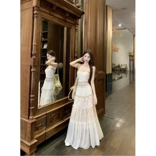 Bxoxo Sweet Style Lace Hollow out Women's Three-Piece Set Cardigan Tube Top Vest Spring Skirt Ensemble Adorable Fashion Ensemble