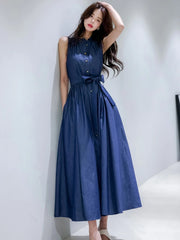 BXOXO Elegant Women Thin Denim Dress Summer Chic Korean Sleeveless A Line Long Dress Fashion Party Night Ladies Vestidos