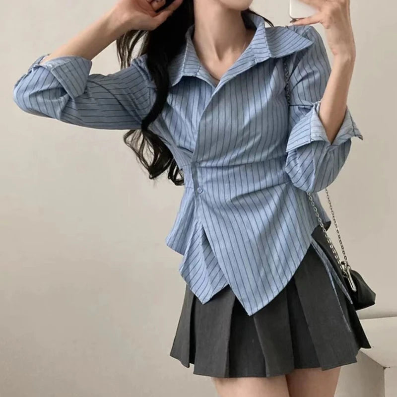 Bxoxo Striped Women Shirt Korean Version Design Irregular Waist Shirts Spring and Summer Preppy Style Long Sleeved Slimming Top