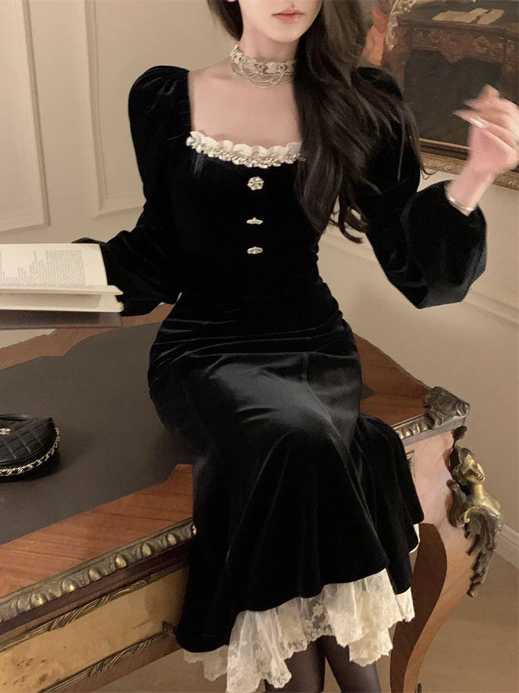 Bxoxo Lace Patchwork Black Dress Women Fall Winter French Elegant Square Collar Midi Dress Ladies Gold Velvet Party Fishtail Vestidos
