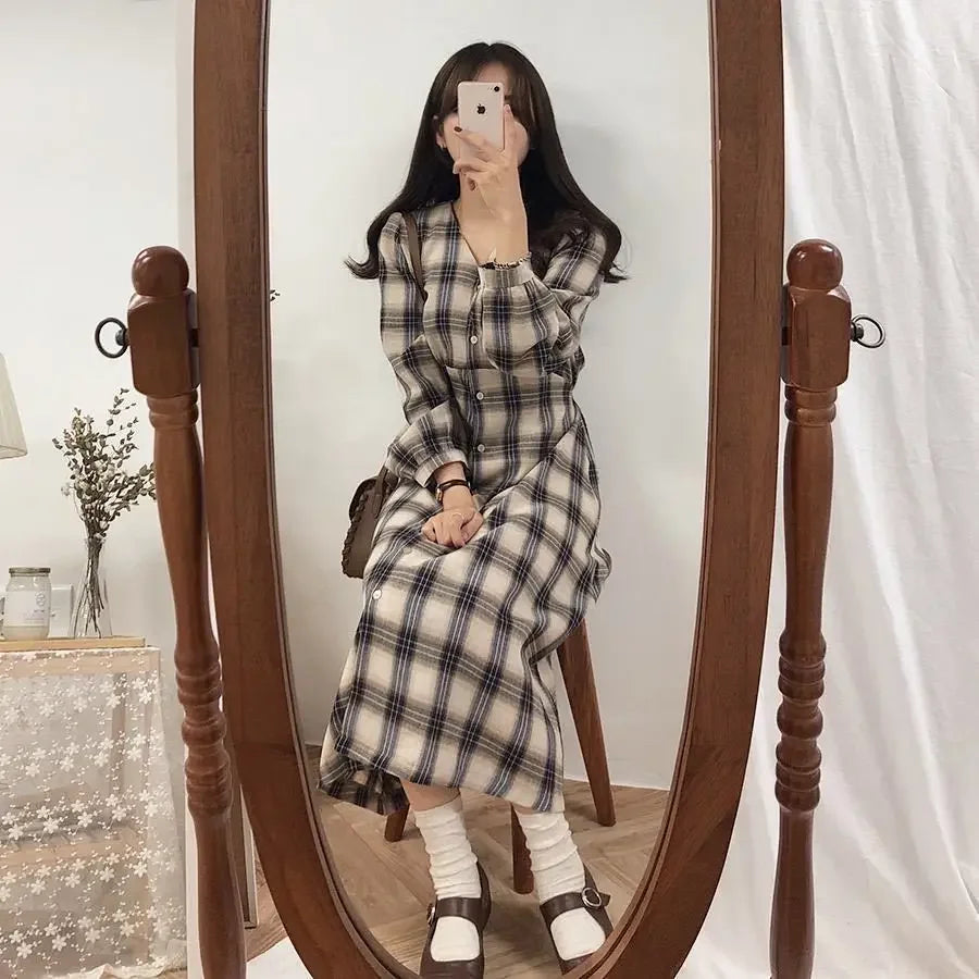 Bxoxo Vintage Plaid Dresses for Women Autumn Winter Full Spring 2025 Elegant Luxury Korean Fashion A Line G X Woman Long Sleeve Dress