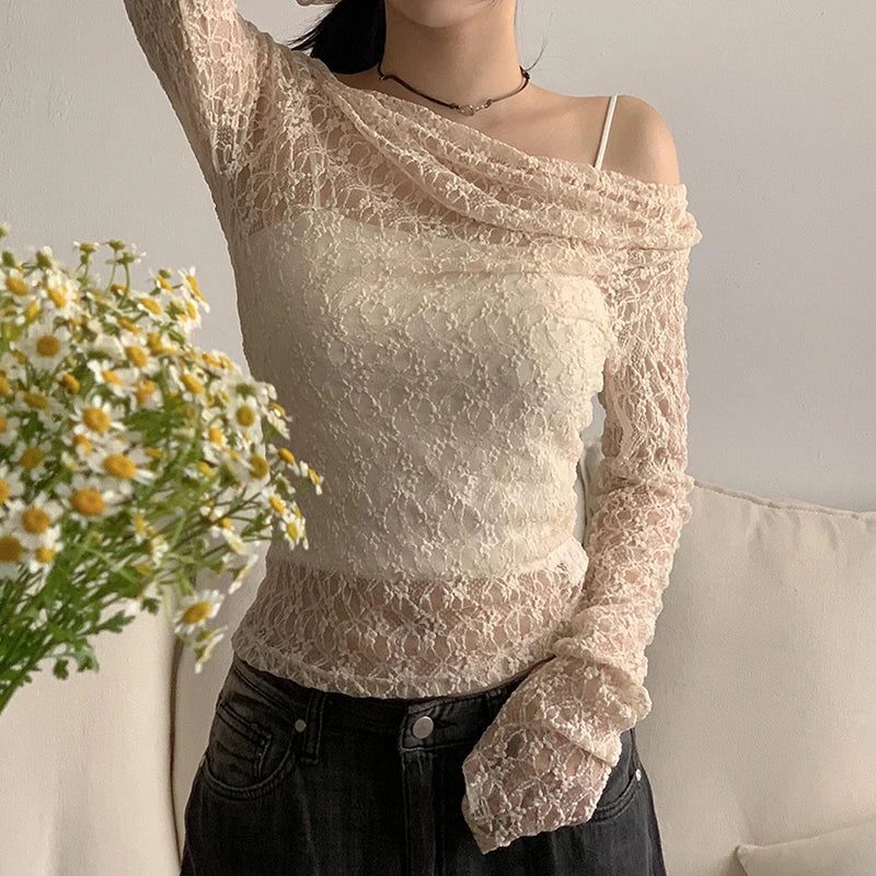 BXOXO Transparent Lace Crop Top Asymmetrical Off-shoulder Long Sleeve Smock T-shirts Women Summer Casual Tees y2k Vintage Tees