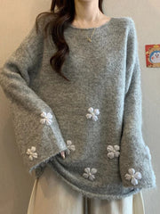 Bxoxo Sweet Floral Chic Sweater Women O Neck Cute Long Sleeve Knitted Jumpers Fashion Preppy Style Loose Lazy Wind Lady Fall Pullover