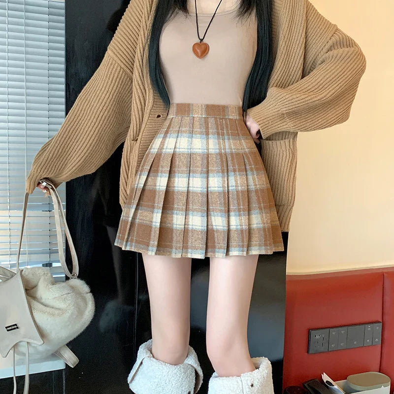 BXOXO Preppy Style Winter Plaid Vintage Pleated Mini Wool Skirt For Women High Waist Thicken Casual School Cute Short Skirt Female