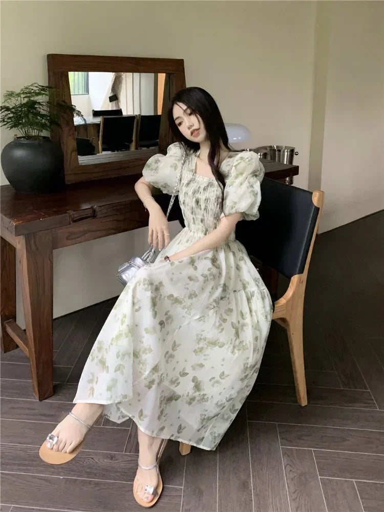 BXOXO Korean Style Mixi Cottagecore Dress Women Fairycore Floral Prom Gown Y2k Elegant Puff Sleeve Tunic Graduation Dresses