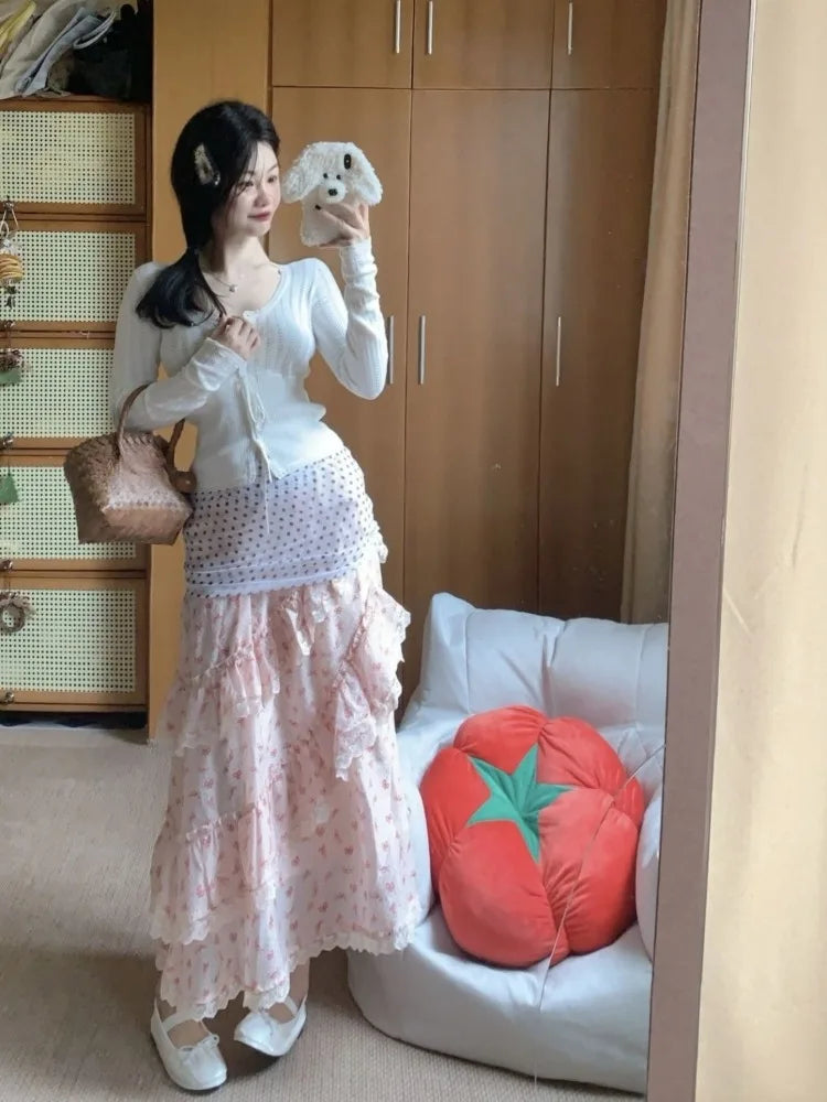 BXOXO Skirts Women Polka Dot Bow Printed Lace Patchwork Ruffles Sweet Summer Fashion Cake Long Skirt Female Casual Chic