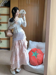 BXOXO Skirts Women Polka Dot Bow Printed Lace Patchwork Ruffles Sweet Summer Fashion Cake Long Skirt Female Casual Chic