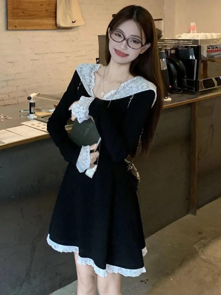 Bxoxo Women's French Lace Patchwork Y2K Dress Hooded Long Sleeves Slim Waist A-Line Short Skirt 2025 New Spring Summer Chic Vestidos