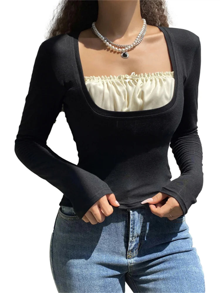 Bxoxo Y2k Women's Long Sleeve Knitted Tops Lace Stitching Neckline Knitwear Bowknot Decoration Slim-Fit Tshirt Pullovers Clubwear
