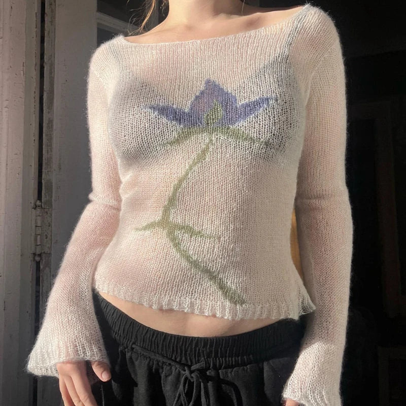 BXOXO Flower Long Sleeve Knitted Crop Tops Aesthetic See Through Sweater Tees 90s Vintage Y2k Gyaru Crop Tops Jumpers Cottage Clothes