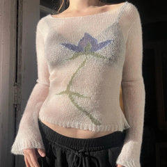 BXOXO Flower Long Sleeve Knitted Crop Tops Aesthetic See Through Sweater Tees 90s Vintage Y2k Gyaru Crop Tops Jumpers Cottage Clothes