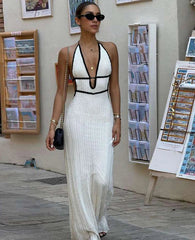 BXOXO  Sexy Elegant Halter Dress Women Summer Backless Lace-Up Color-Block Sleeveless Trendy Nightclub Wild Fashion Clothing