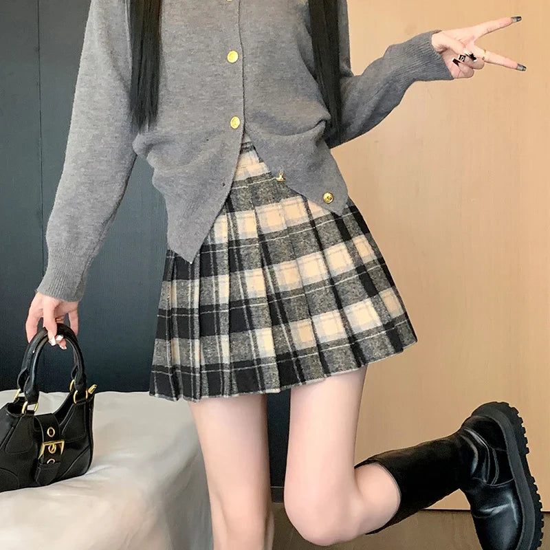 BXOXO Preppy Style Winter Plaid Vintage Pleated Mini Wool Skirt For Women High Waist Thicken Casual School Cute Short Skirt Female