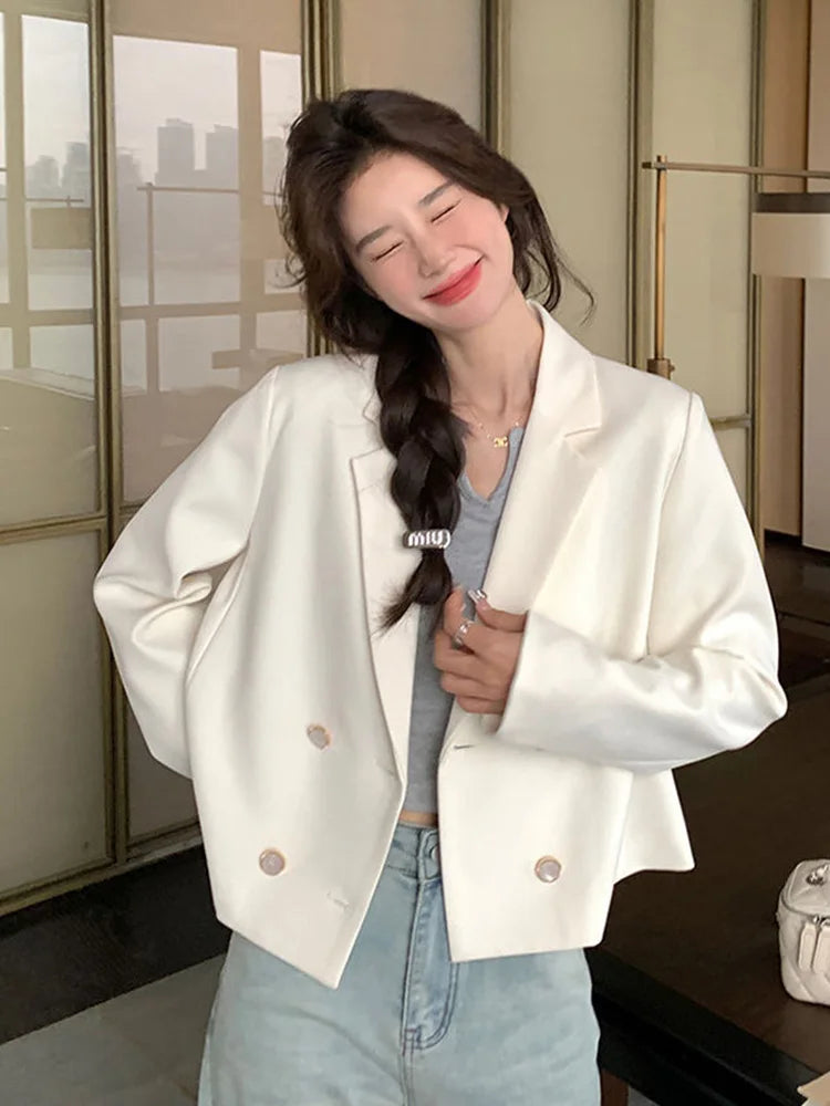 Bxoxo Elegant White Blazer Women Slim Long Sleeve Korean Sweet Suit Coat Casual Fashion Fall Double Breasted Female Chic Short Outwear