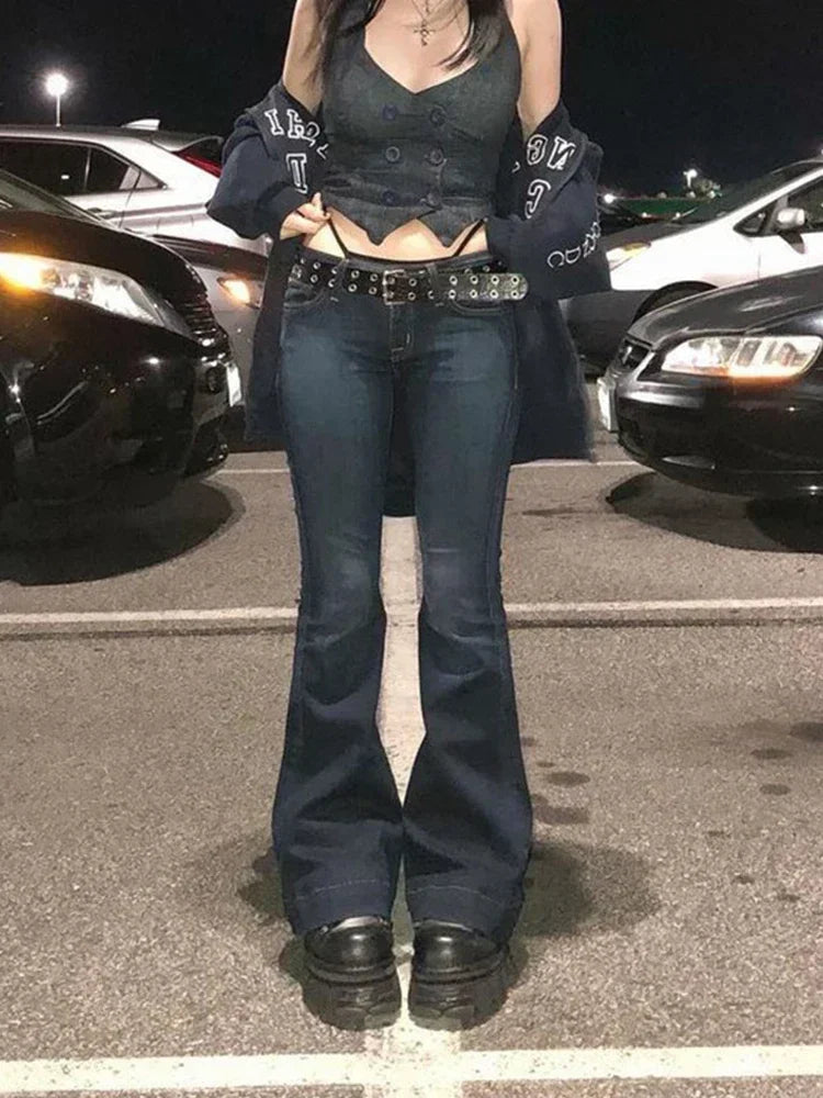 BXOXO Y2K High Street Low Rise Jeans Blue Women Pants Bootcut  Pockets Jeans Streetwear Low Waist Jeans Wide Leg Pants