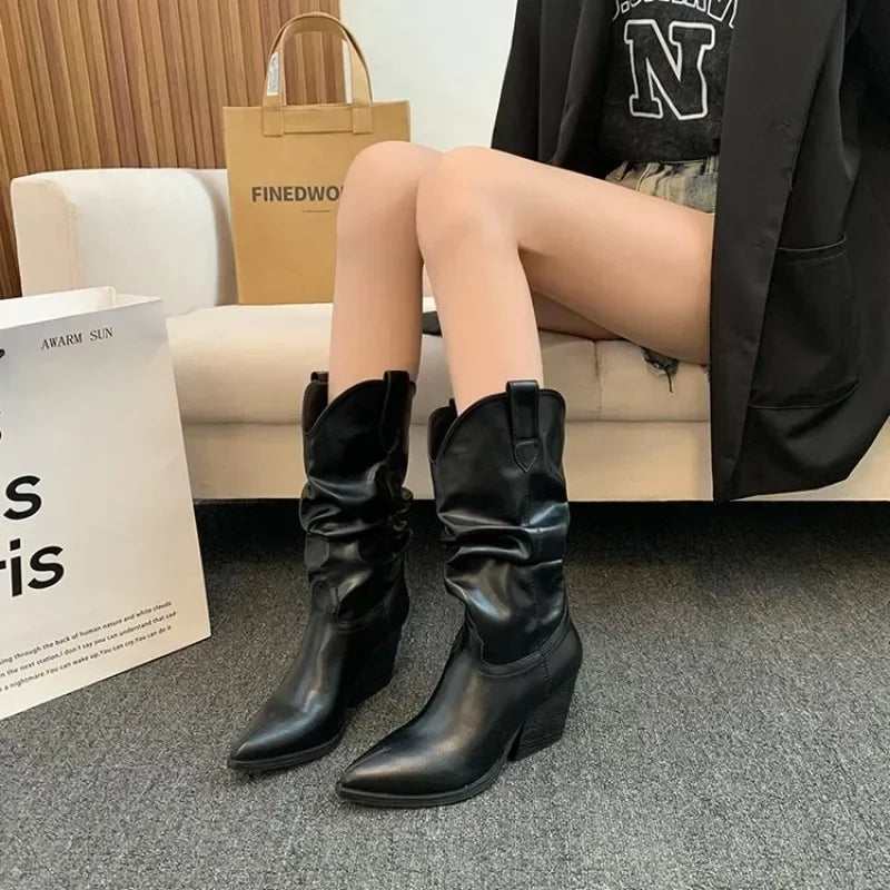 BXOXO Female Western Boots Cowboy Boots Women Plested Women Ankle  Pu Leather Shoes Autumn Boots Women Booties Lady Plus Size 42