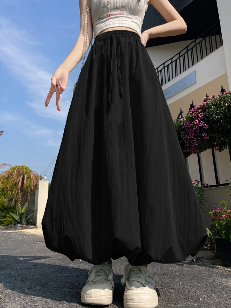 Bxoxo High Waist Fluffy Flower Bud Skirt Summer New Loose Versatile A-line Lantern Skirt Solid Color Elastic High Waist Long Skirt