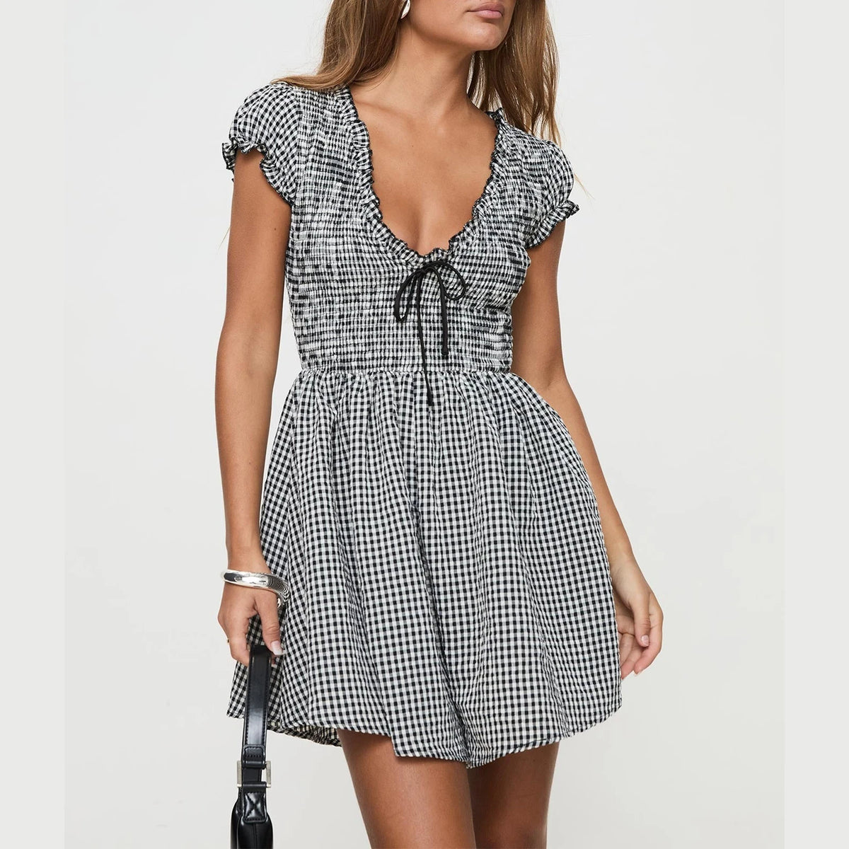 BXOXO Women Y2k Gingham Playsuit Short Sleeve Smocked Babydoll Bodysuit Rompers Flowy A-Line Club Dress Retro Streetwear