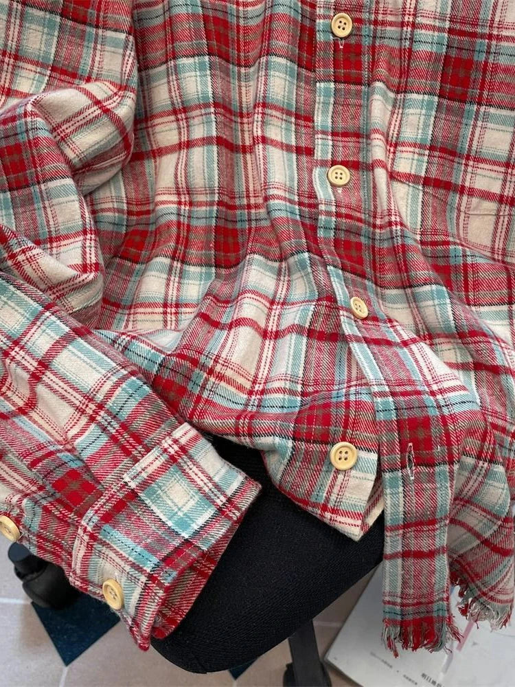 Bxoxo Red Plaid American Shirt Women Oversize Loose Vintage Long Sleeve Fall Blouse Streetwear Harajuku Retro Casual Bf All Match Tops