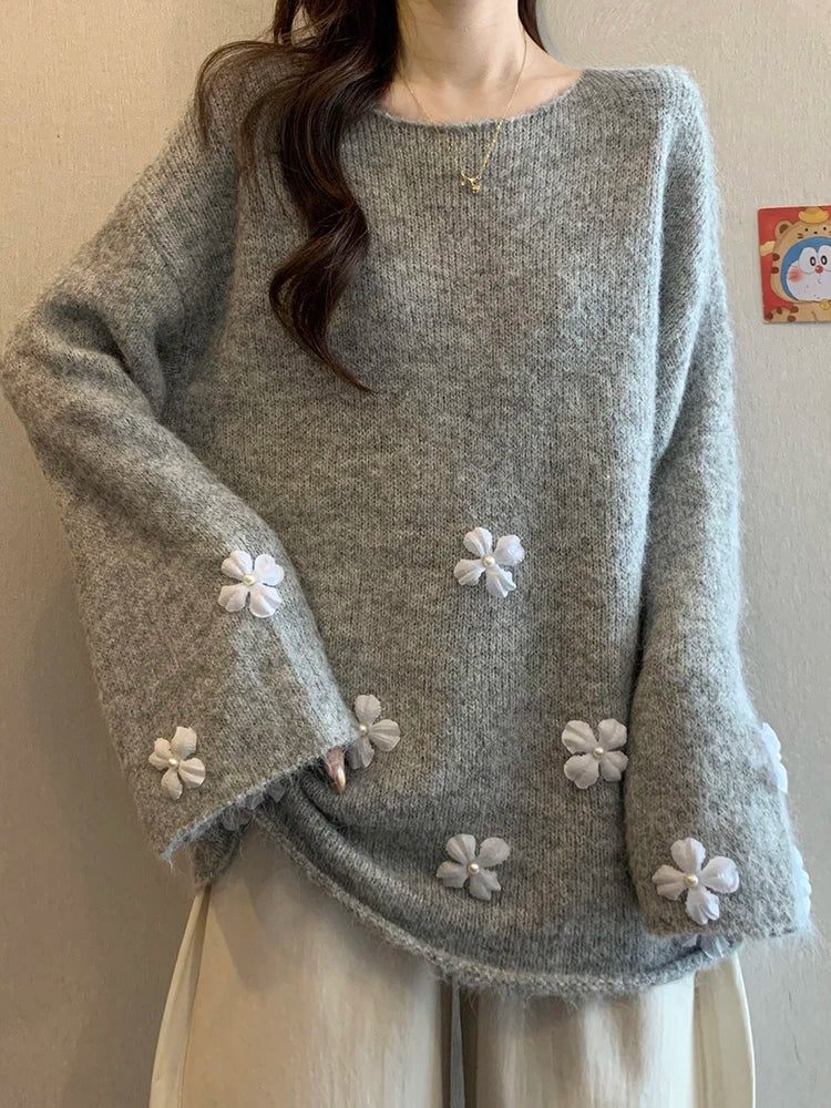 Bxoxo Sweet Floral Chic Sweater Women O Neck Cute Long Sleeve Knitted Jumpers Fashion Preppy Style Loose Lazy Wind Lady Fall Pullover