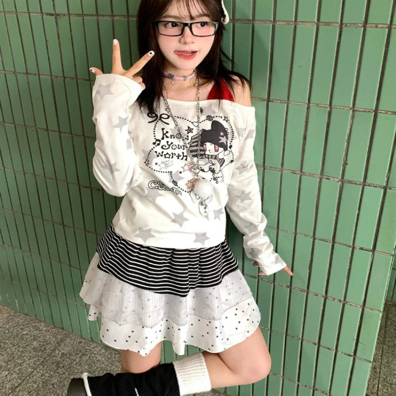 Bxoxo Vintage Y2k Graphic T-shirts Women Harajuku Off Shoulder Kawaii Cartoon Tees Japanese Style Oversize Streetwear T-shirts