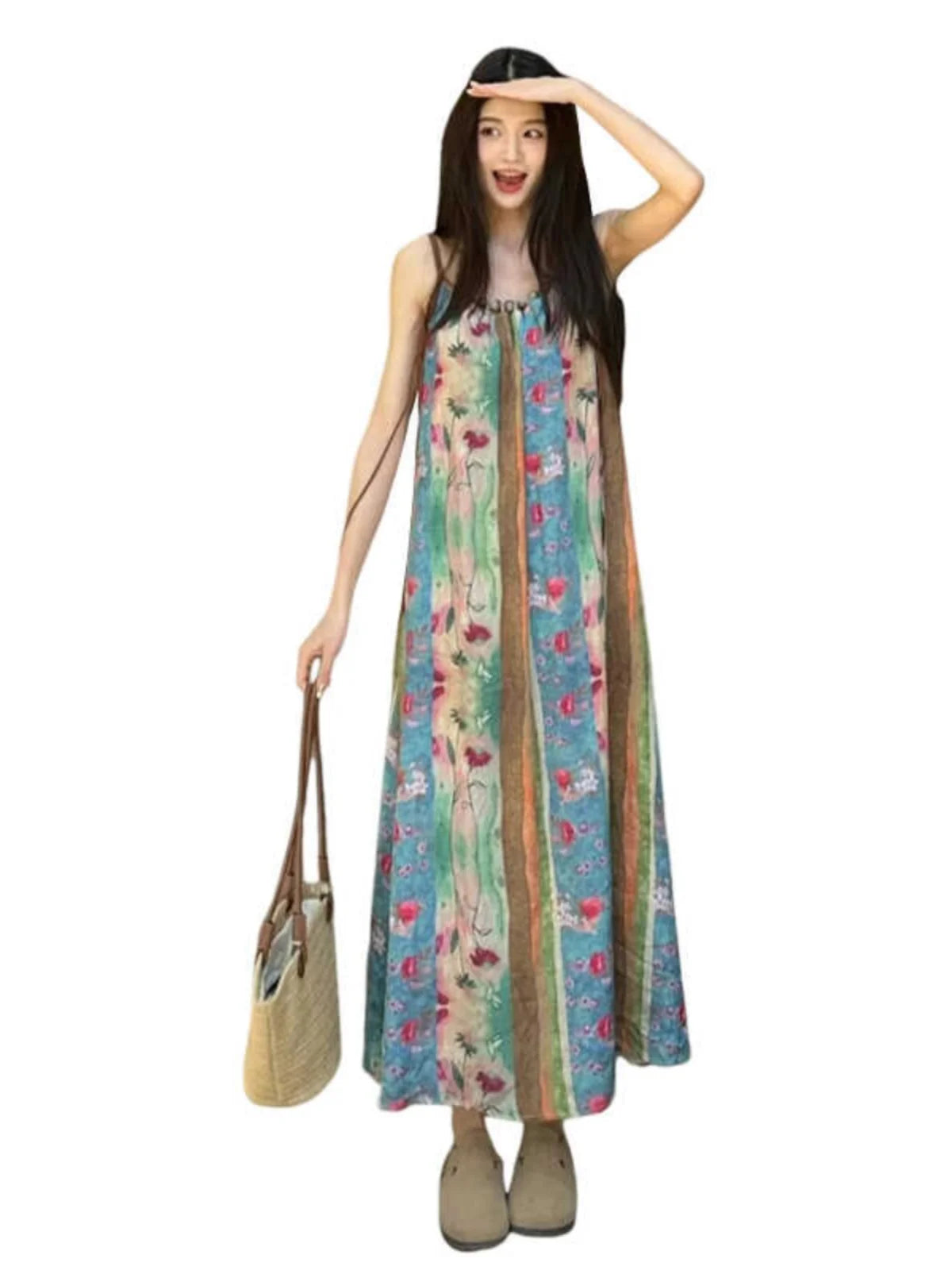 Bxoxo Summer New Large Size Retro Yunnan Travel Floral Tie Dye ter Dr Women's Vaion Sle Loose Waist A-Line Long Dr