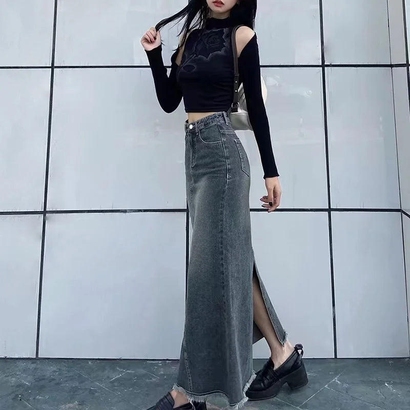 BXOXO Autumn Retro Classic All-Match Skirt Women Casual Commuter Outing Tight Sexy Irregular Long Denim Vitality Skirt Girl Cool