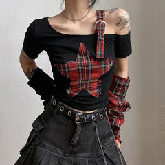 BXOXO Summer Star Patchwork Crop Tops Plaid T Shirt Women Fashion Off Single Shoulder Y2k Tee OverSleeve Fairy Grunge Shirts