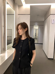 Bxoxo Versatile ort Sve round Ne Outerwear Little Fraance Sle Polyester Fiber Single Button Closure Pure Color Summer Ja...