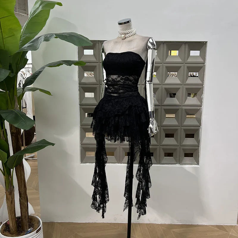BXOXO Fashion Two Piece Set Irregular Lace Top + High Waisted Fluffy Skirt Solid Color Female Elegant Birthday Dress New 3QW1065