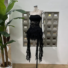 BXOXO Fashion Two Piece Set Irregular Lace Top + High Waisted Fluffy Skirt Solid Color Female Elegant Birthday Dress New 3QW1065