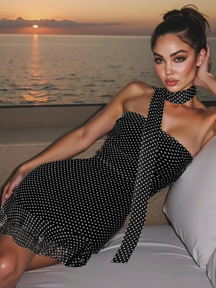 BXOXO Scarf Collar Polka Dot Mini Dress Women Robe Fashion Off-shoulder Backless Sleeveless Ruffled Club Party Dress Vestido