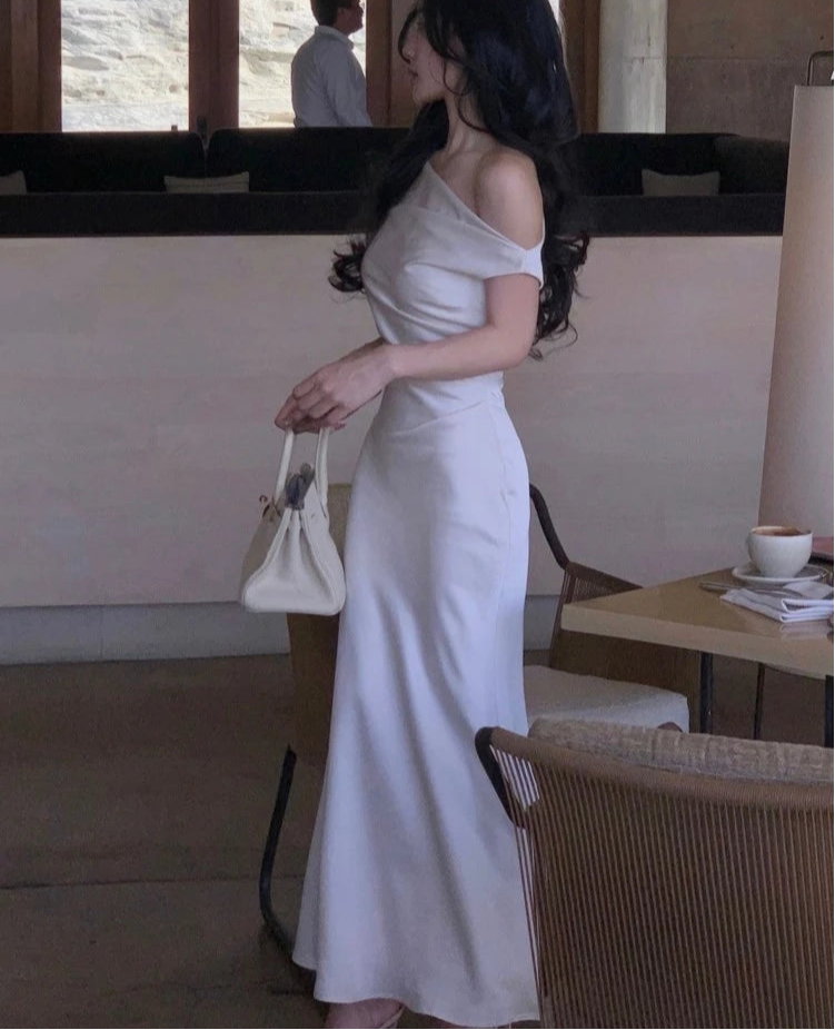 BXOXO Women Elegant Solid Evening Party Dresses Summer Fashion Korean Graduation Formal Dress Off Shoulder Slim Vestidos Clothing