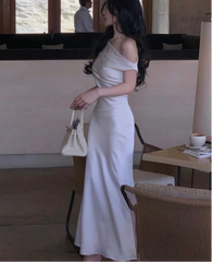 BXOXO Women Elegant Solid Evening Party Dresses Summer Fashion Korean Graduation Formal Dress Off Shoulder Slim Vestidos Clothing