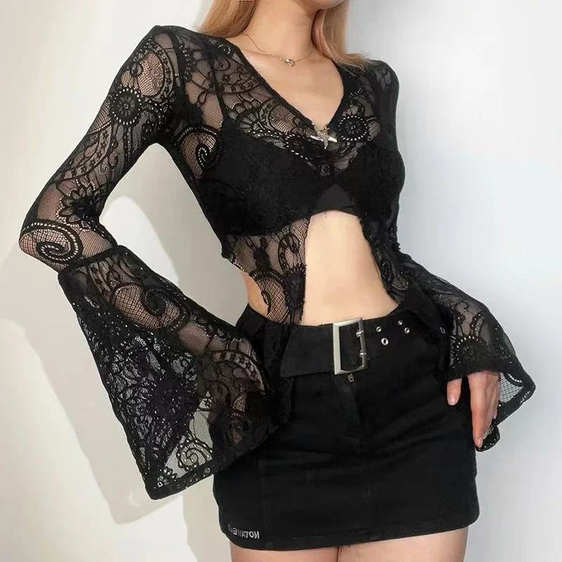 Bxoxo Sexy See Through Mesh Women Blouse Fashion Gothic V Neck Flare Sleeve Sunscreen Cardigan Y2K Summer Hot Girls Lace Crop Tops