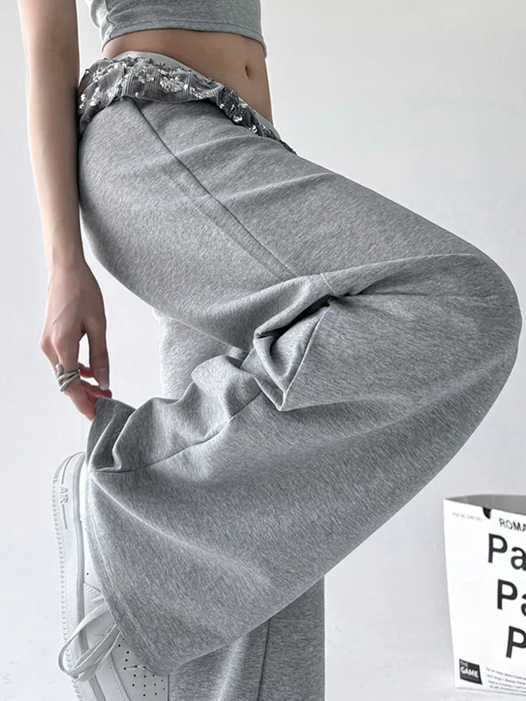 Bxoxo Chic Bright Silk Patchwork Sweatpants Women Loose Streetwear High Waist Casual Pant Fashion Pockets Fall American Gray Trousers